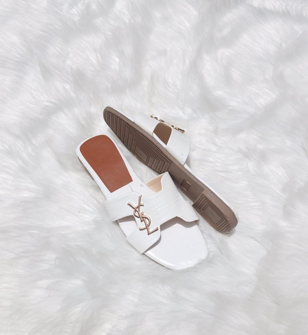 YSL- Croc-Embossed Slide Sandals for Women – Square Toe Slip-On Flats with Gold Logo Accent | Elegant Designer Style Footwear