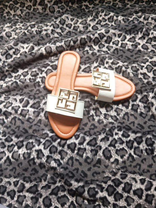 Women’s Gold Logo Slide Sandals – Tan Flat Slip-On with Metallic Cutout Strap | Elegant Designer-Inspired Summer Footwear