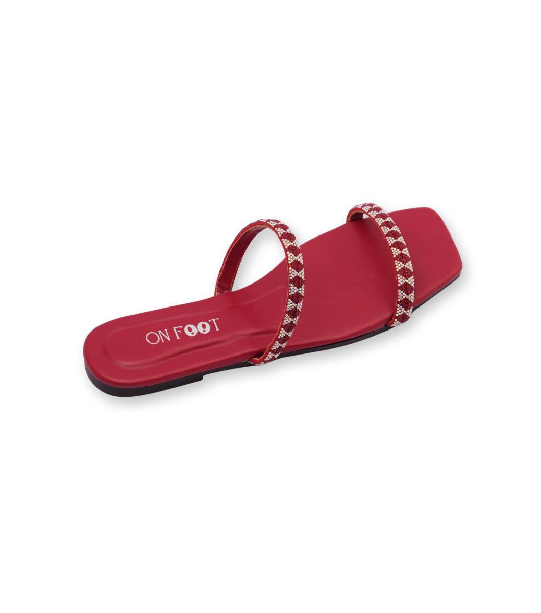 Square Toe Slide Sandals for Women – Double Strap Slip-On Flats with Silver Stud Accents | Trendy & Comfortable Summer Footwear