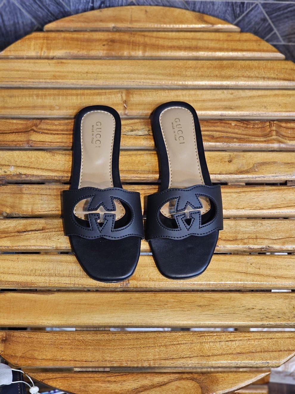 Classic Women’s Square Toe Slide Sandals – Designer-Inspired Slip-On Flats with Cutout Logo Strap | Chic Summer Footwear