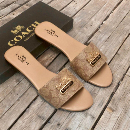 Women’s Slide Sandals – Signature Logo Slip-On Flats with Gold Emblem | Designer Summer Footwear