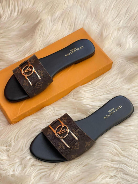 Louis Vuitton Women’s Monogram Slide Sandals – Black Square Toe Slip-On Flats with Gold LV Logo | Luxury Designer Footwear