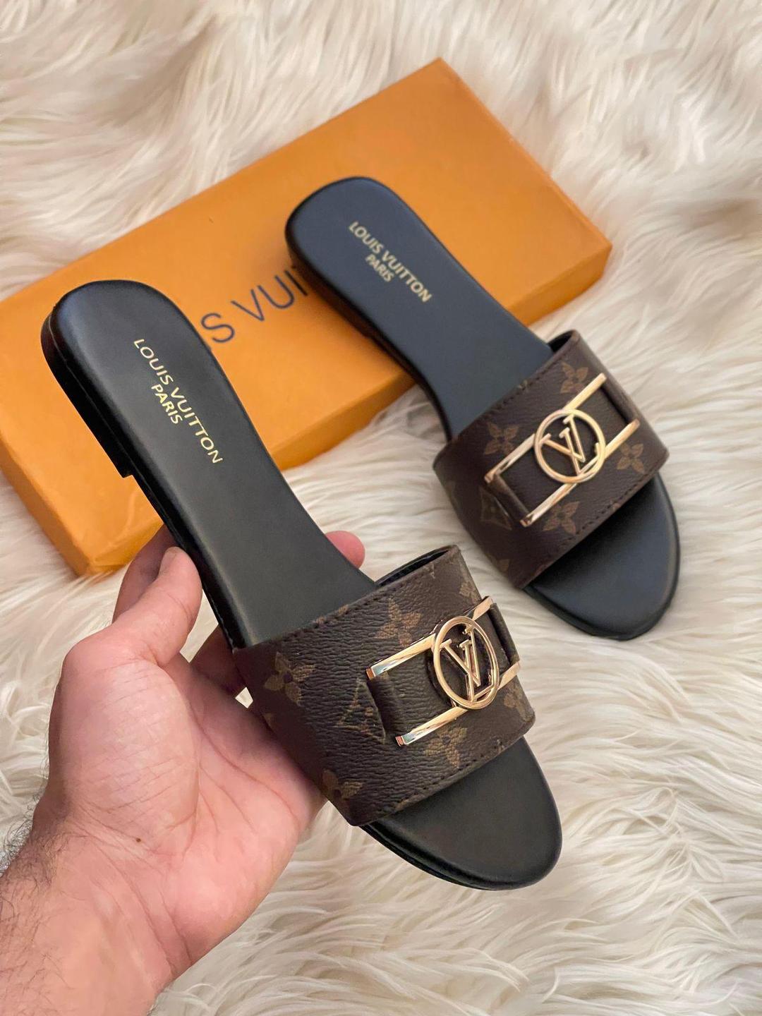 Louis Vuitton Women’s Monogram Slide Sandals – Black Square Toe Slip-On Flats with Gold LV Logo | Luxury Designer Footwear
