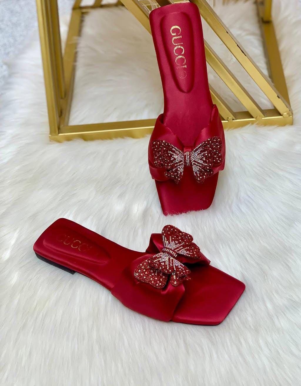 Women’s Slide Sandals – Square Toe Slip-On Flats with Crystal Bow Accent | Luxury Designer Footwear