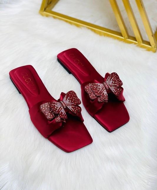 Women’s Slide Sandals – Square Toe Slip-On Flats with Crystal Bow Accent | Luxury Designer Footwear