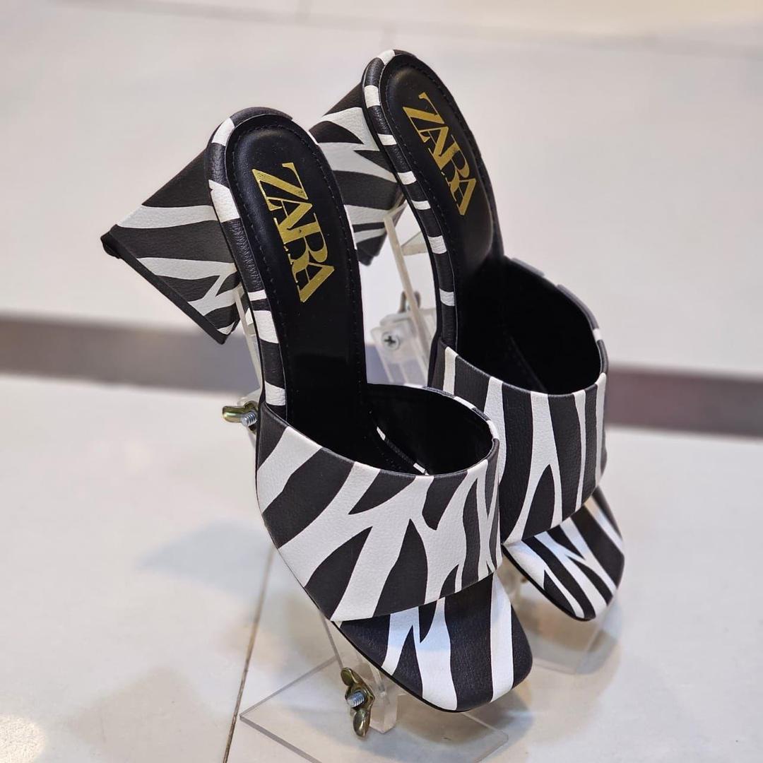 ZARA Women’s Black & White Zebra Print Heeled Sandals – Square Toe Slip-On Mules | Trendy Animal Print Summer Footwear