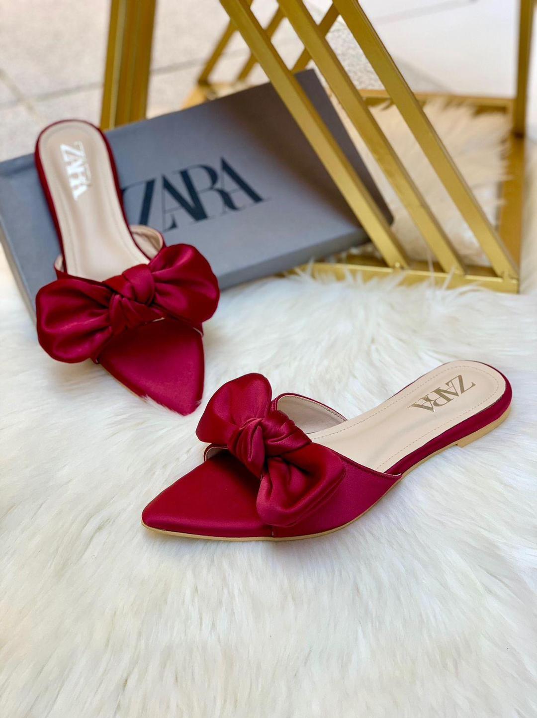 Chic Nude Satin Pointed Toe Flats for Women – Slip-On Mules with Oversized Bow | Elegant & Comfortable Everyday Shoes
