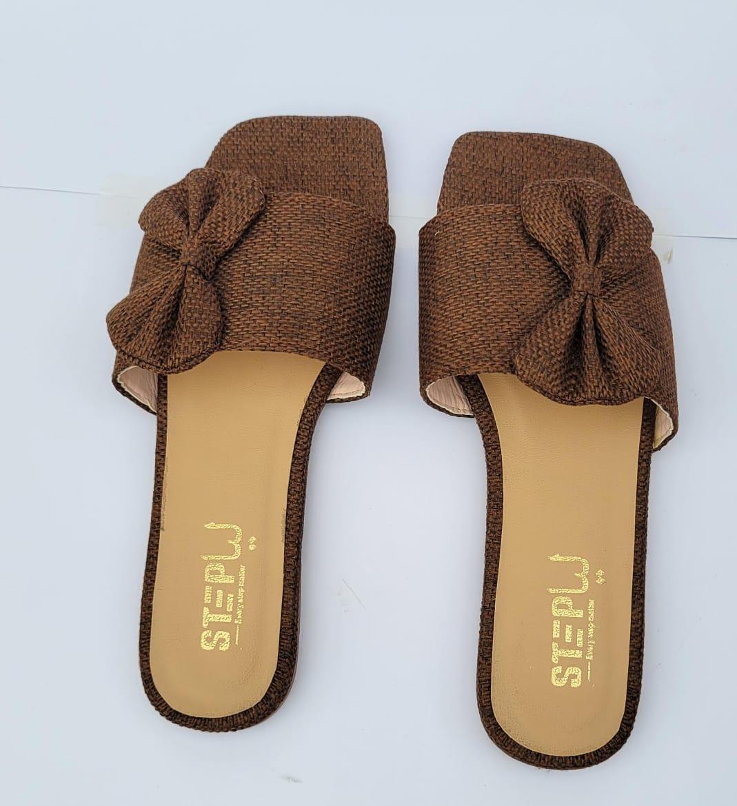 Brown Women’s Square Toe Slide Sandals – Slip-On Flats with Textured Bow Accent | Stylish & Comfortable Everyday Footwear