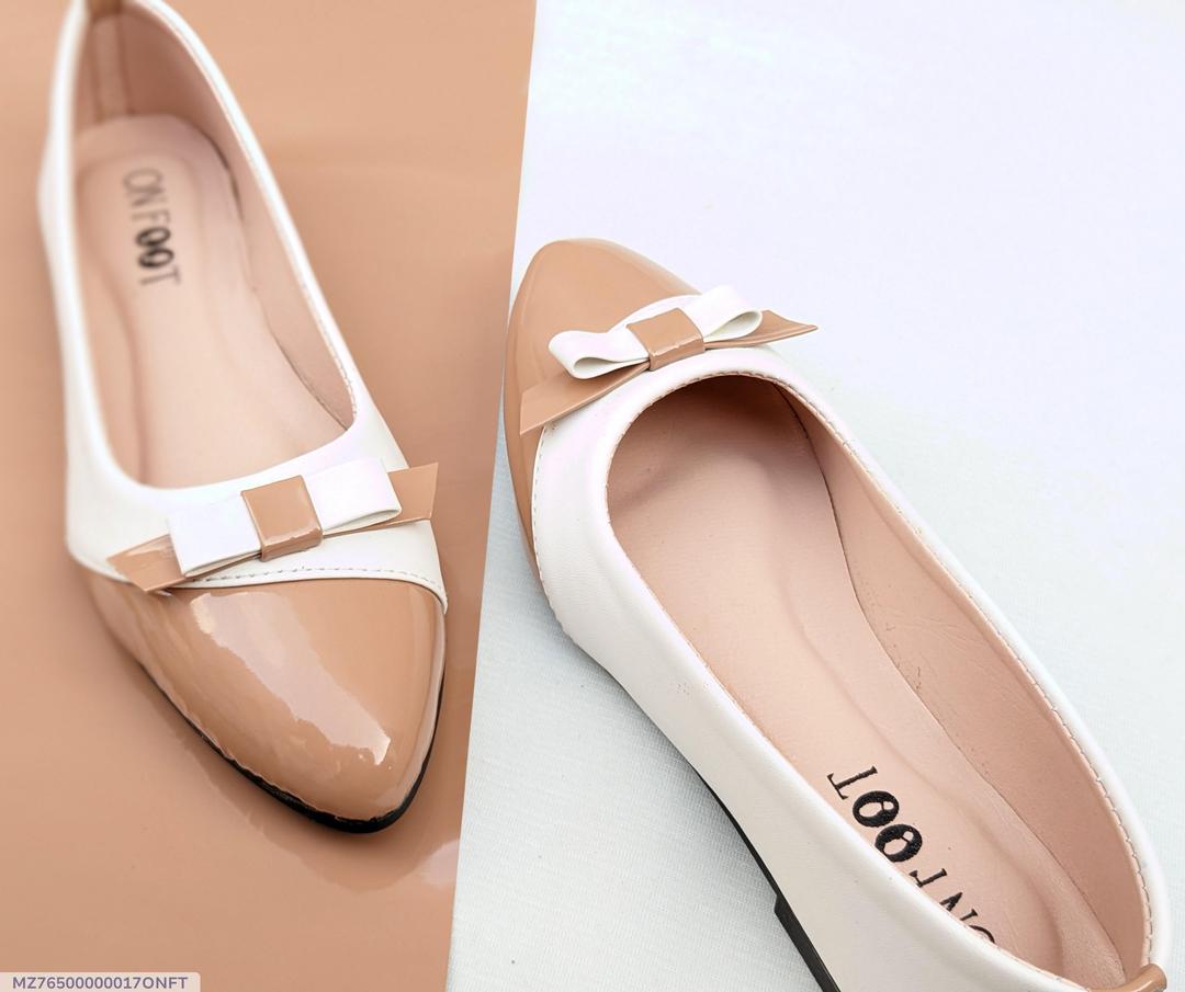 Chic Beige & White Patent Women’s Flats – Pointed Toe Slip-On Shoes with Bow Accent | Elegant Office & Casual Footwear