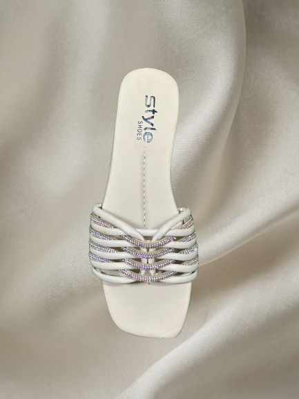 Elegant Black Square Toe Slip-On Sandals with Rhinestone Chain Detailing – Women’s Fashion Summer Flats