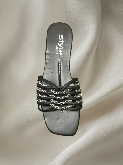 Elegant Black Square Toe Slip-On Sandals with Rhinestone Chain Detailing – Women’s Fashion Summer Flats