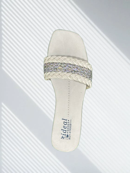 Women's Cream Braided Slip-On Sandal with Sparkling Rhinestone Accent – Square Toe Summer Flat