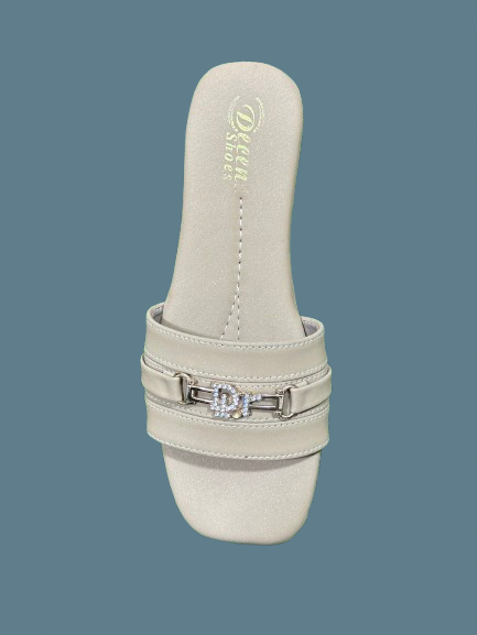 Trendy Women’s Square Toe Slip-On Sandals – Elegant Flats with Pearl Buckle Accent | Comfortable Summer Footwear