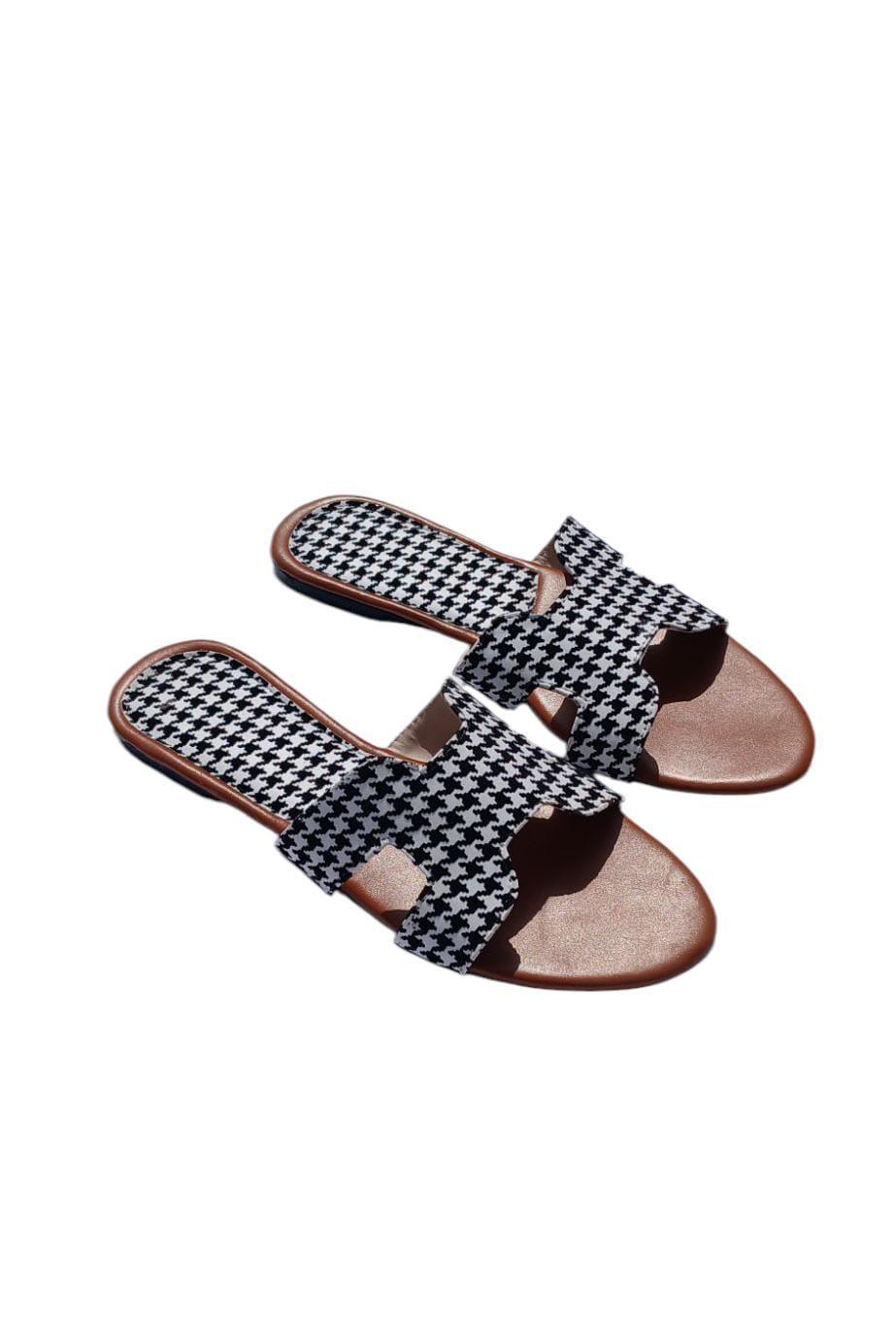 Women’s Houndstooth Slide Sandals – Black & White Slip-On Flats with Cutout Strap | Trendy Summer Footwear