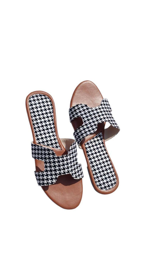 Women’s Houndstooth Slide Sandals – Black & White Slip-On Flats with Cutout Strap | Trendy Summer Footwear