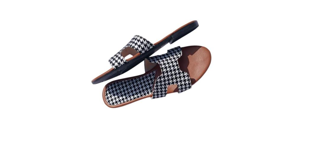 Women’s Houndstooth Slide Sandals – Black & White Slip-On Flats with Cutout Strap | Trendy Summer Footwear