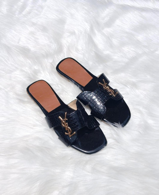 YSL- Croc-Embossed Slide Sandals for Women – Square Toe Slip-On Flats with Gold Logo Accent | Elegant Designer Style Footwear