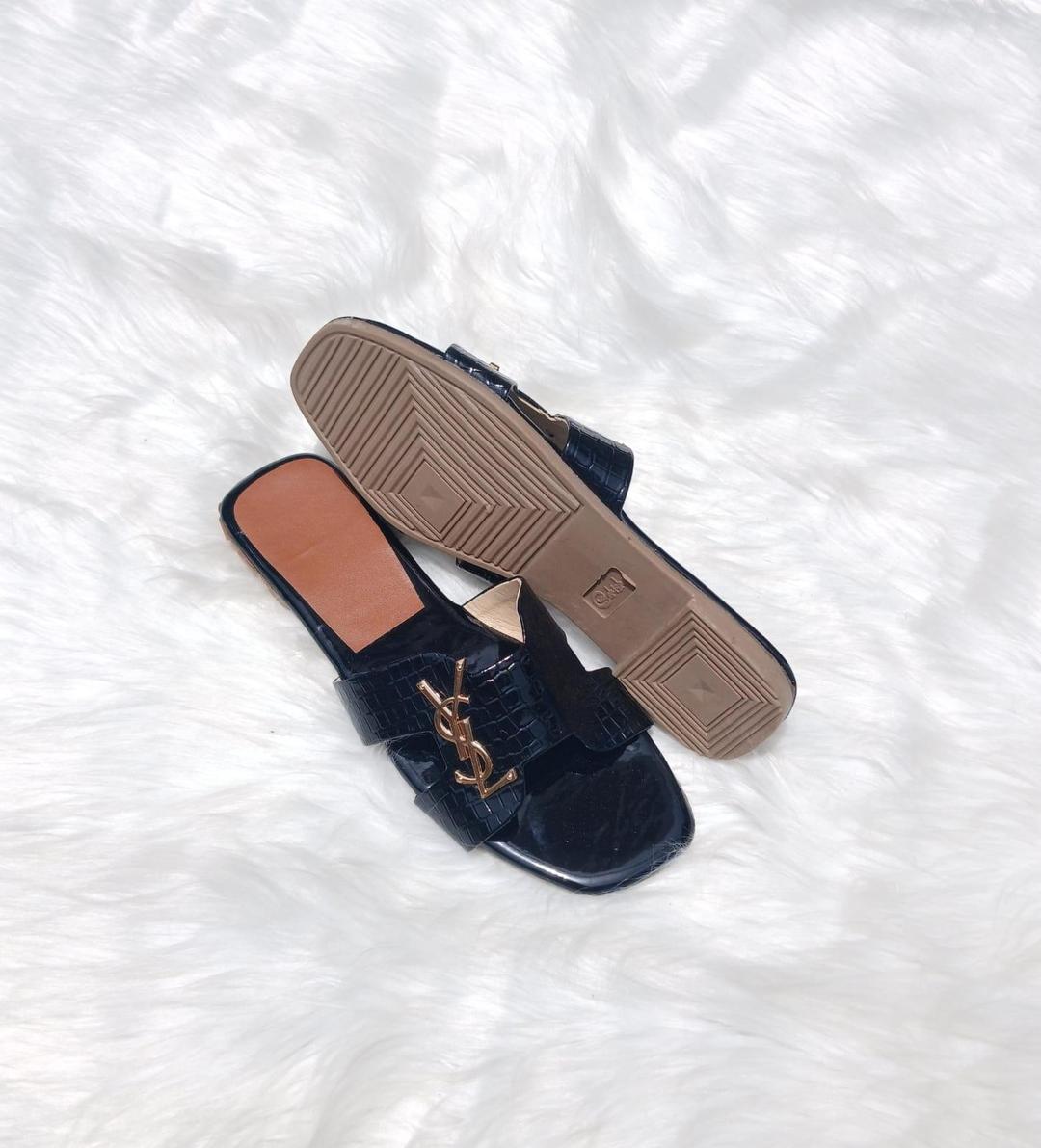 YSL- Croc-Embossed Slide Sandals for Women – Square Toe Slip-On Flats with Gold Logo Accent | Elegant Designer Style Footwear