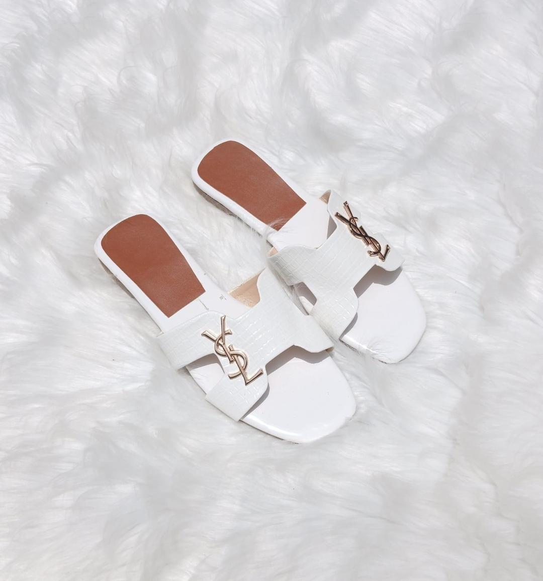 YSL- Croc-Embossed Slide Sandals for Women – Square Toe Slip-On Flats with Gold Logo Accent | Elegant Designer Style Footwear