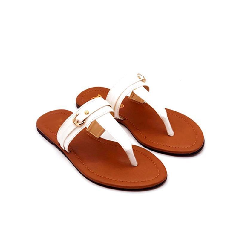 Women’s White Thong Slide Sandals – Brown Flat Slip-On with Gold Buckle Accent | Stylish & Comfortable Summer Footwear