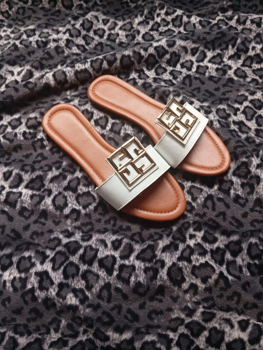 Women’s Gold Logo Slide Sandals – Tan Flat Slip-On with Metallic Cutout Strap | Elegant Designer-Inspired Summer Footwear