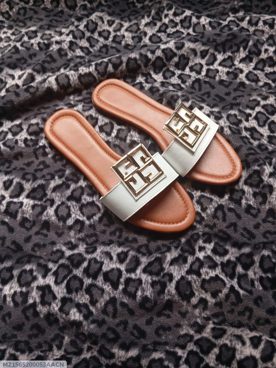 Women’s Gold Logo Slide Sandals – Tan Flat Slip-On with Metallic Cutout Strap | Elegant Designer-Inspired Summer Footwear