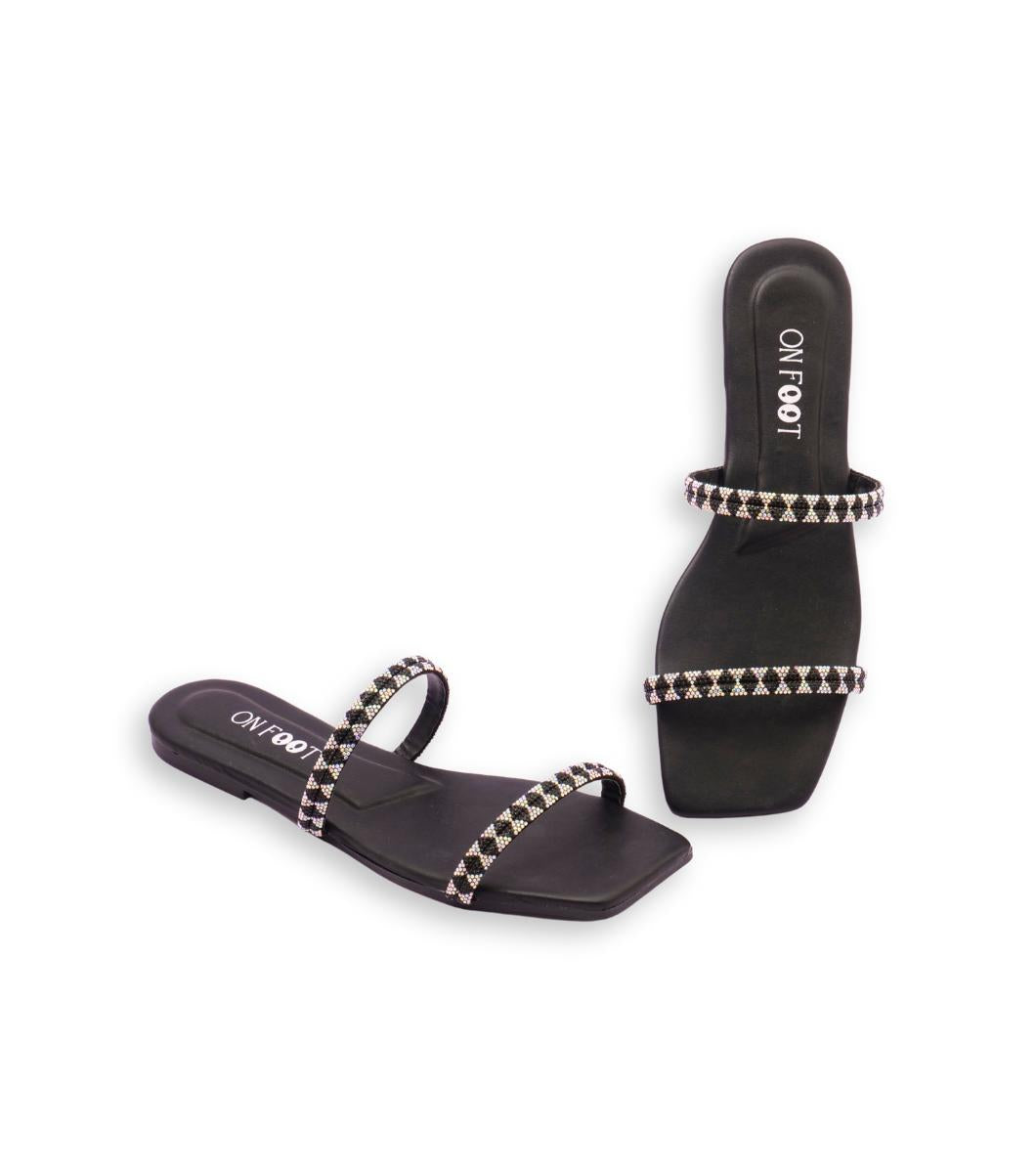 Square Toe Slide Sandals for Women – Double Strap Slip-On Flats with Silver Stud Accents | Trendy & Comfortable Summer Footwear