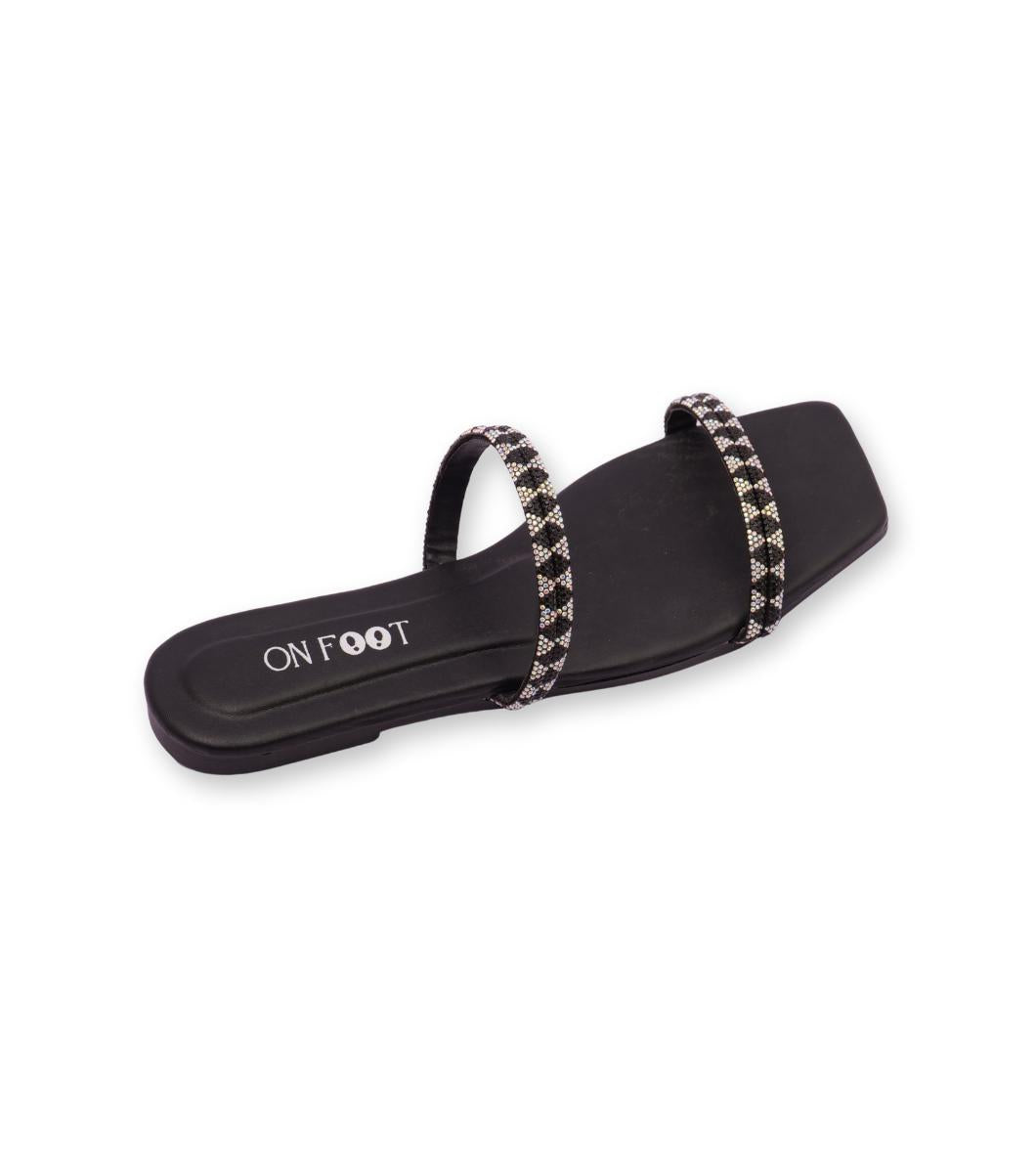 Square Toe Slide Sandals for Women – Double Strap Slip-On Flats with Silver Stud Accents | Trendy & Comfortable Summer Footwear