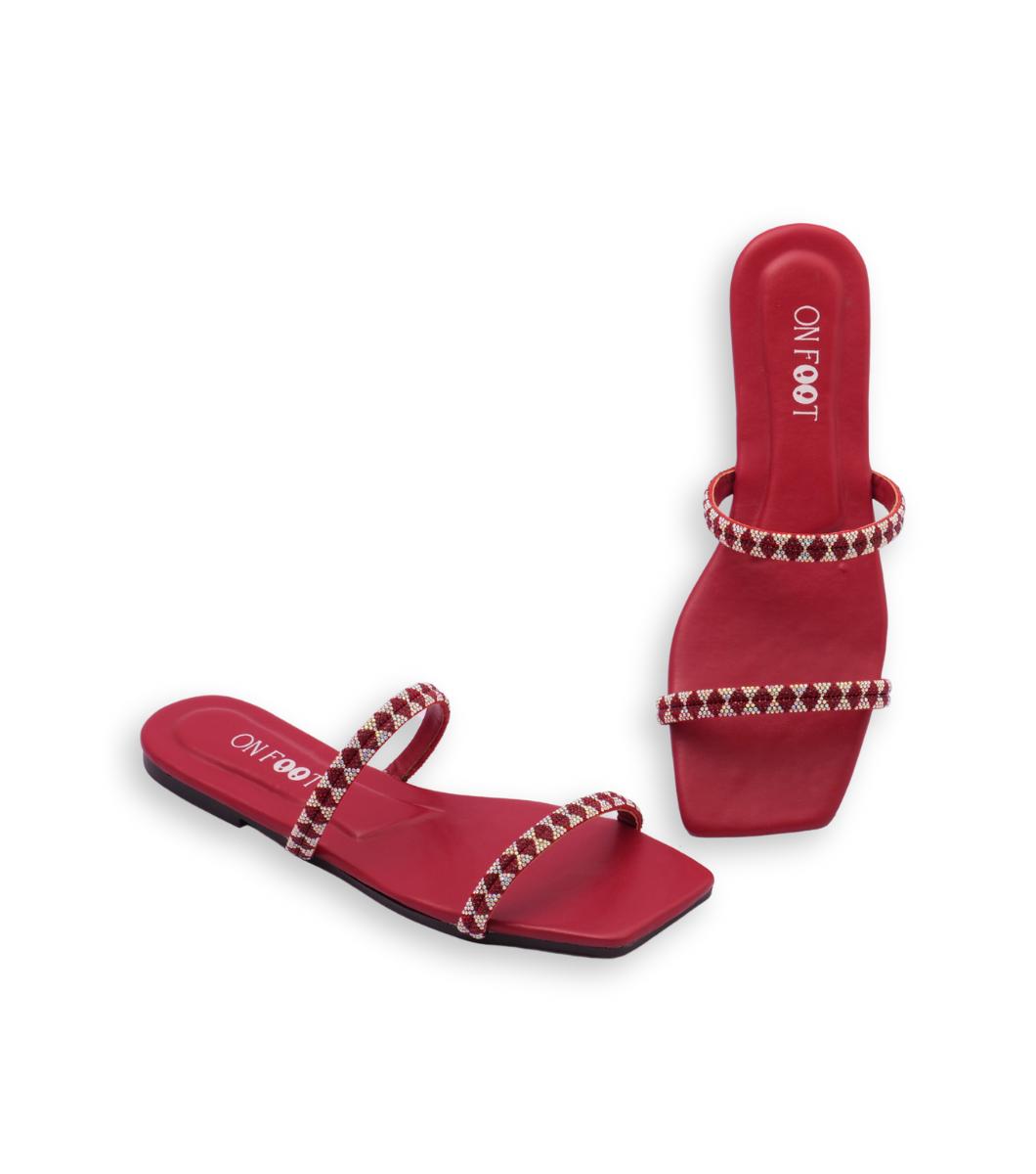 Square Toe Slide Sandals for Women – Double Strap Slip-On Flats with Silver Stud Accents | Trendy & Comfortable Summer Footwear