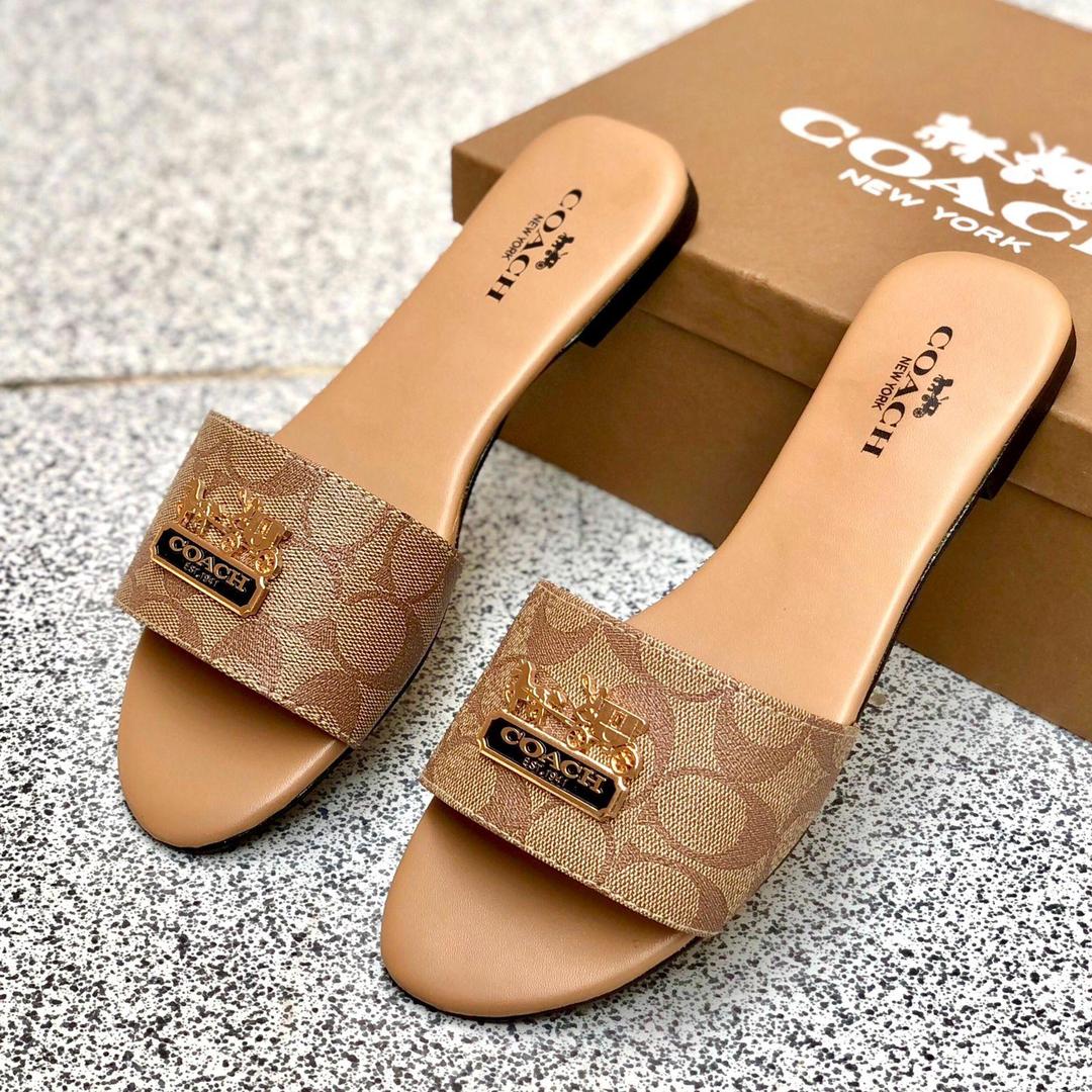 Women’s Slide Sandals – Signature Logo Slip-On Flats with Gold Emblem | Designer Summer Footwear