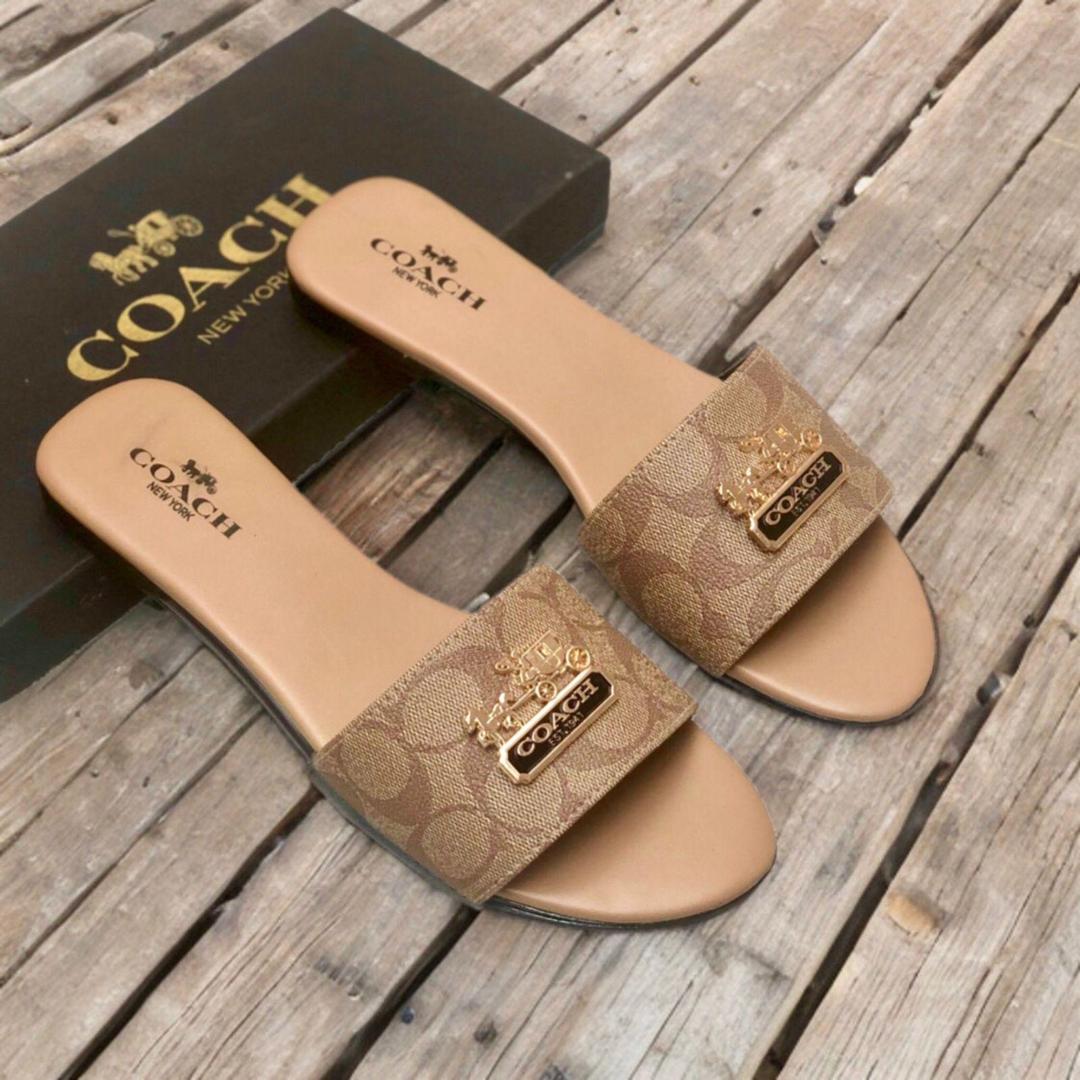 Women’s Slide Sandals – Signature Logo Slip-On Flats with Gold Emblem | Designer Summer Footwear