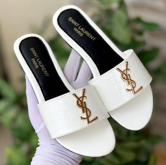 Saint Laurent Women’s Slide Sandals – Black & White Croc-Embossed Slip-On Flats with Gold YSL Logo | Luxury Designer Footwear