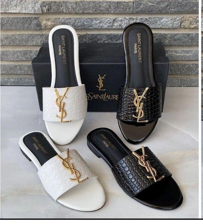 Saint Laurent Women’s Slide Sandals – Black & White Croc-Embossed Slip-On Flats with Gold YSL Logo | Luxury Designer Footwear