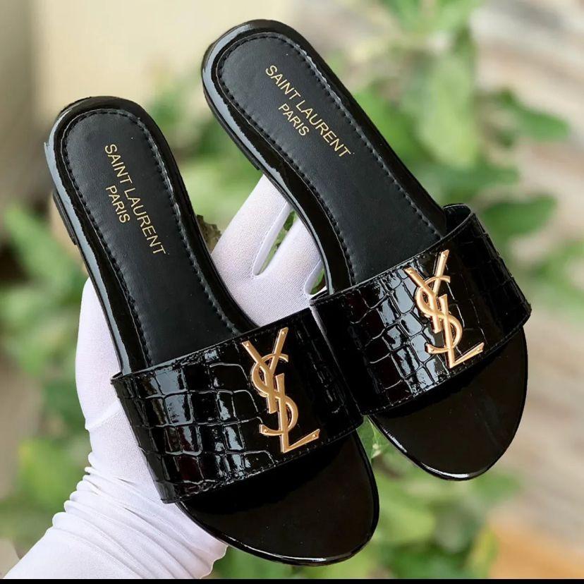 Saint Laurent Women’s Slide Sandals – Black & White Croc-Embossed Slip-On Flats with Gold YSL Logo | Luxury Designer Footwear