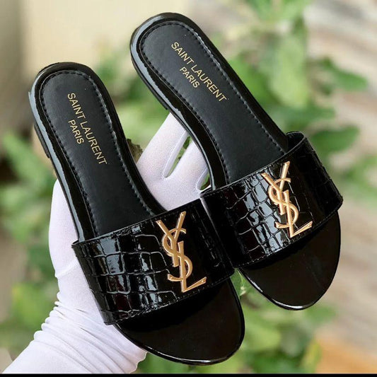 Saint Laurent Women’s Slide Sandals – Black & White Croc-Embossed Slip-On Flats with Gold YSL Logo | Luxury Designer Footwear