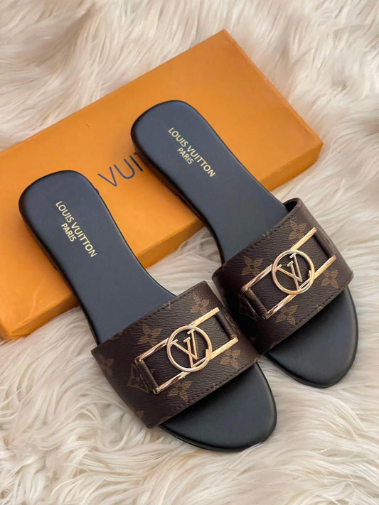 Louis Vuitton Women’s Monogram Slide Sandals – Black Square Toe Slip-On Flats with Gold LV Logo | Luxury Designer Footwear