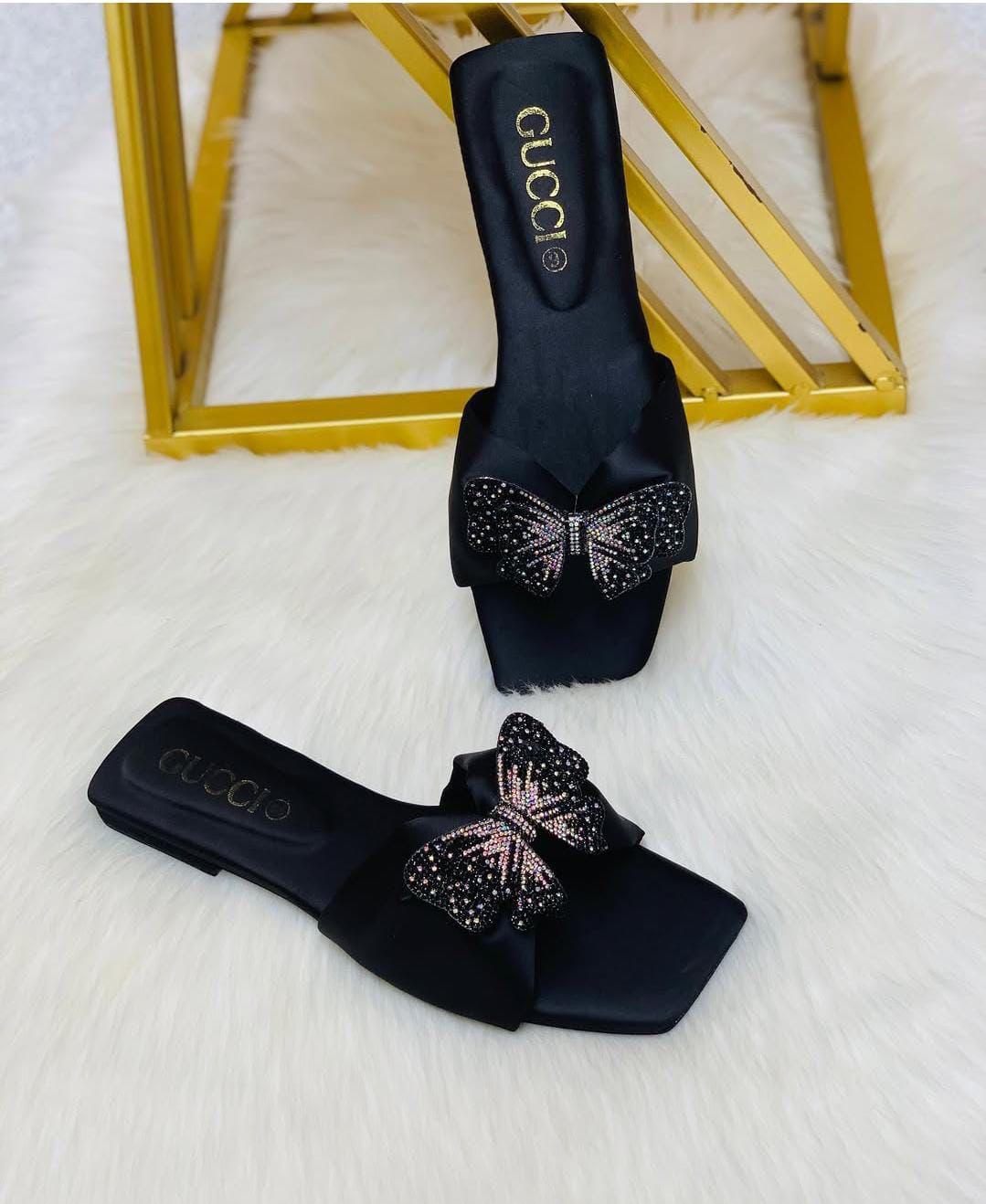 Women’s Slide Sandals – Square Toe Slip-On Flats with Crystal Bow Accent | Luxury Designer Footwear