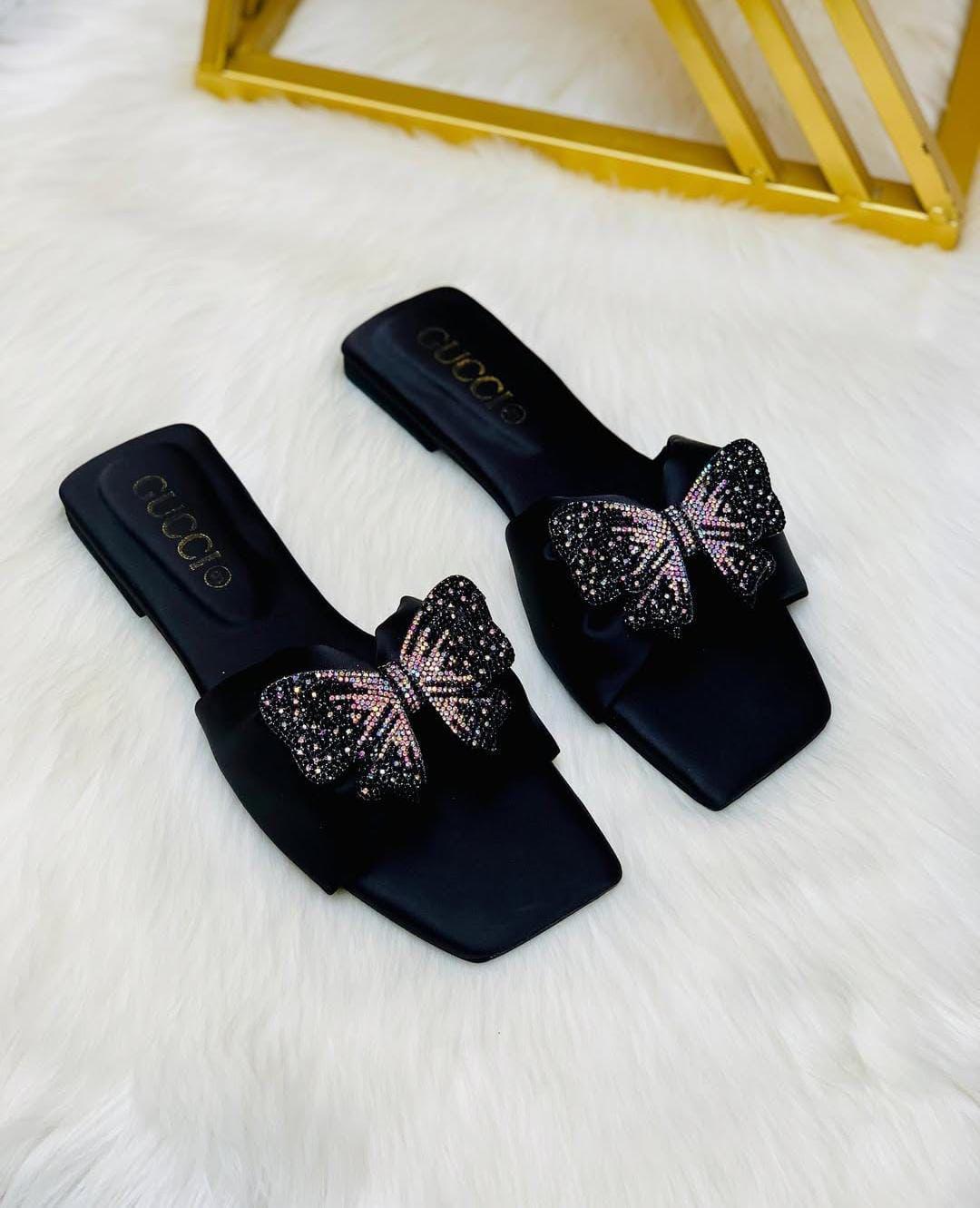 Women’s Slide Sandals – Square Toe Slip-On Flats with Crystal Bow Accent | Luxury Designer Footwear