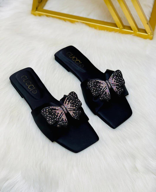 Women’s Slide Sandals – Square Toe Slip-On Flats with Crystal Bow Accent | Luxury Designer Footwear