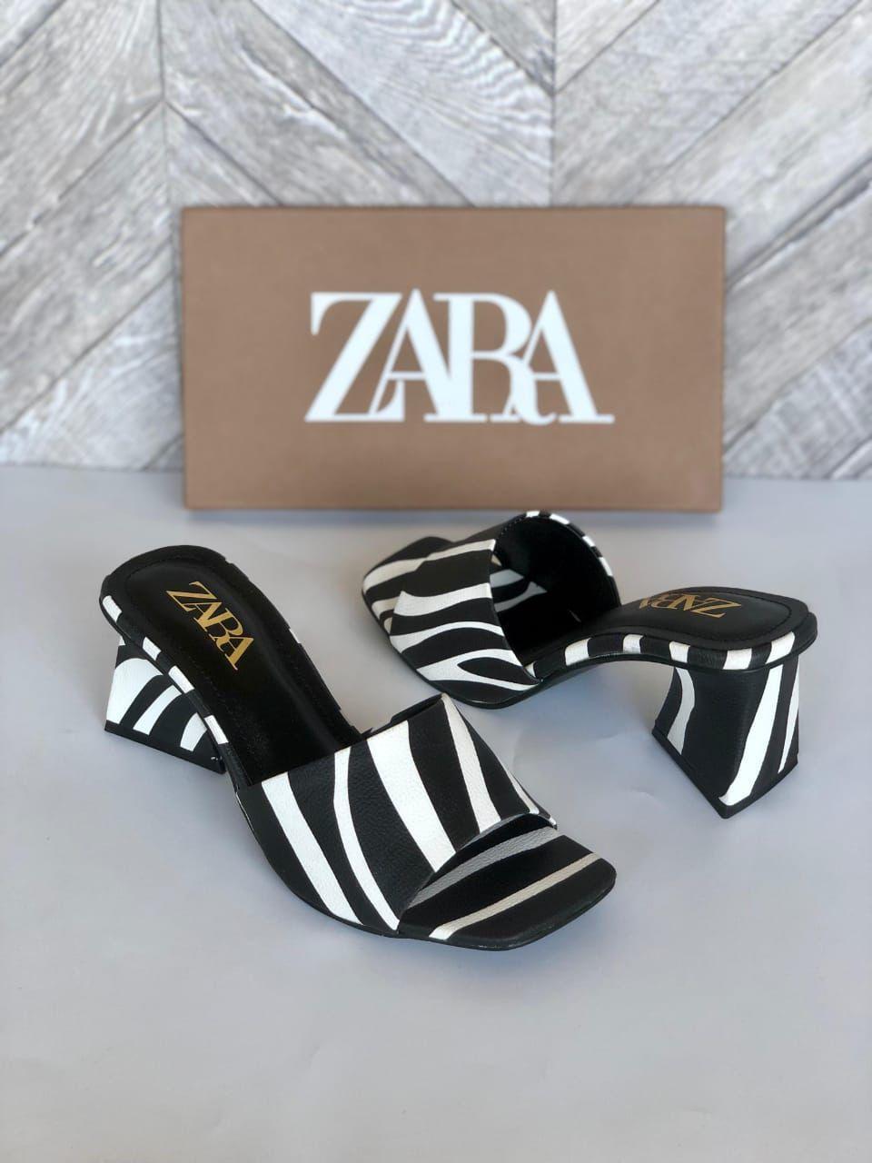 ZARA Women’s Black & White Zebra Print Heeled Sandals – Square Toe Slip-On Mules | Trendy Animal Print Summer Footwear