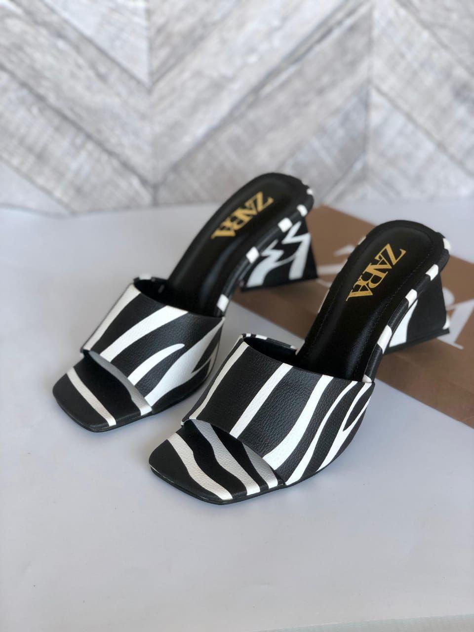 ZARA Women’s Black & White Zebra Print Heeled Sandals – Square Toe Slip-On Mules | Trendy Animal Print Summer Footwear