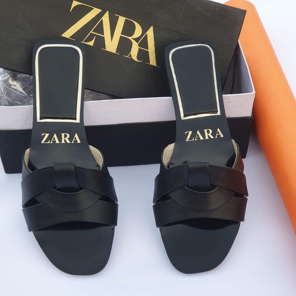 ZARA Women’s Black Slide Sandals – Square Toe Slip-On Flats with Gold Logo & Woven Strap | Chic Designer-Inspired Footwear