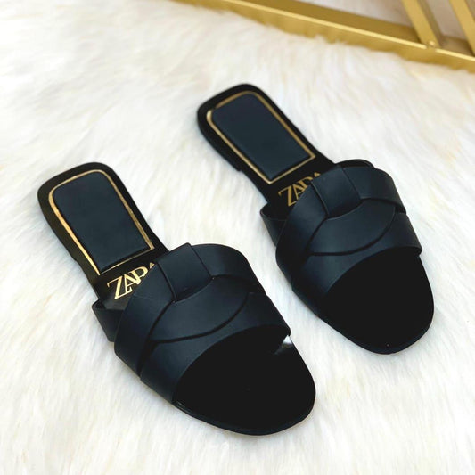 ZARA Women’s Black Slide Sandals – Square Toe Slip-On Flats with Gold Logo & Woven Strap | Chic Designer-Inspired Footwear