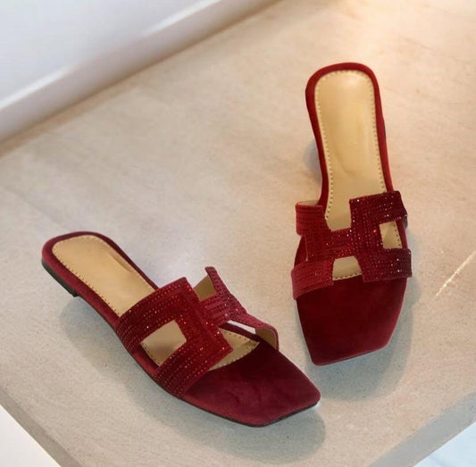 Elegant Women’s Square Toe Sandals – Slip-On Flats with Statement Buckle | Chic Party & Evening Footwear