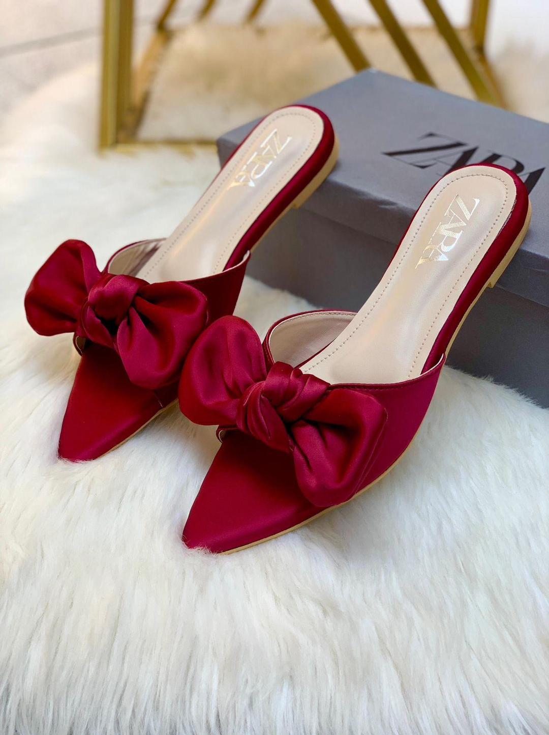 Chic Nude Satin Pointed Toe Flats for Women – Slip-On Mules with Oversized Bow | Elegant & Comfortable Everyday Shoes