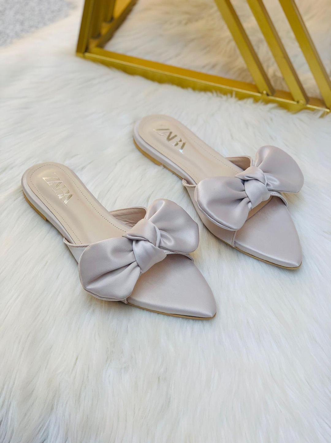 Chic Nude Satin Pointed Toe Flats for Women – Slip-On Mules with Oversized Bow | Elegant & Comfortable Everyday Shoes