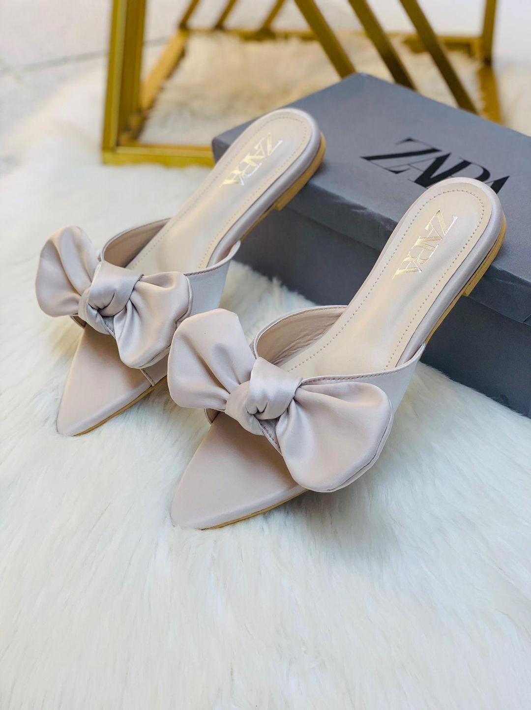 Chic Nude Satin Pointed Toe Flats for Women – Slip-On Mules with Oversized Bow | Elegant & Comfortable Everyday Shoes