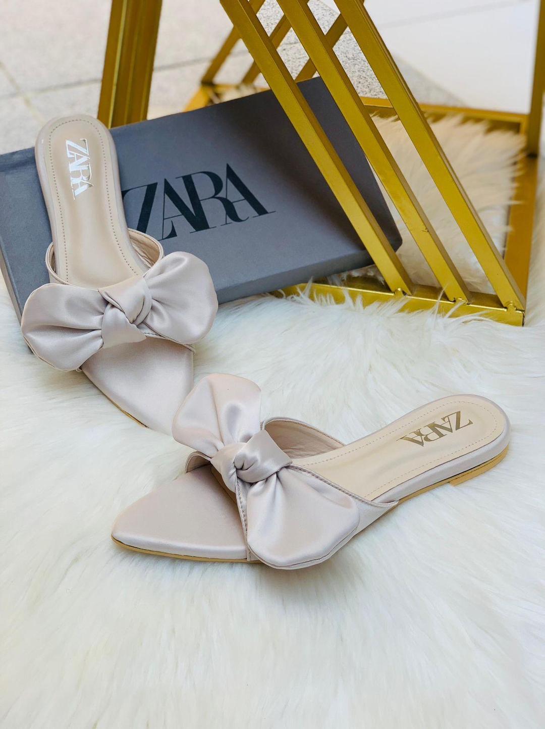 Chic Nude Satin Pointed Toe Flats for Women – Slip-On Mules with Oversized Bow | Elegant & Comfortable Everyday Shoes