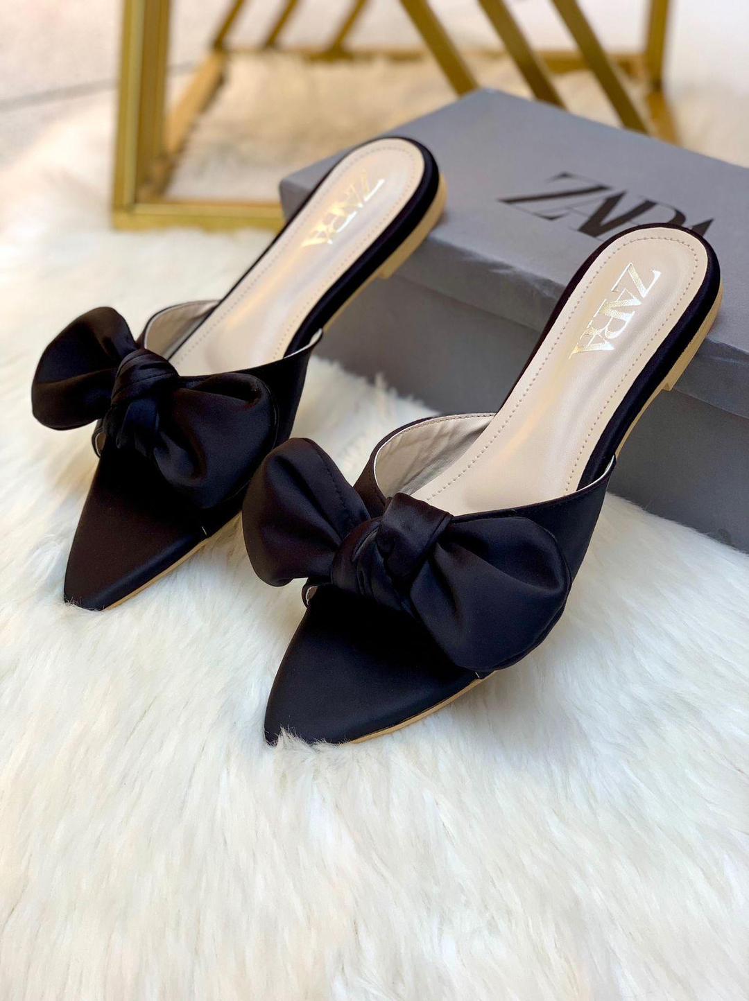 Chic Nude Satin Pointed Toe Flats for Women – Slip-On Mules with Oversized Bow | Elegant & Comfortable Everyday Shoes