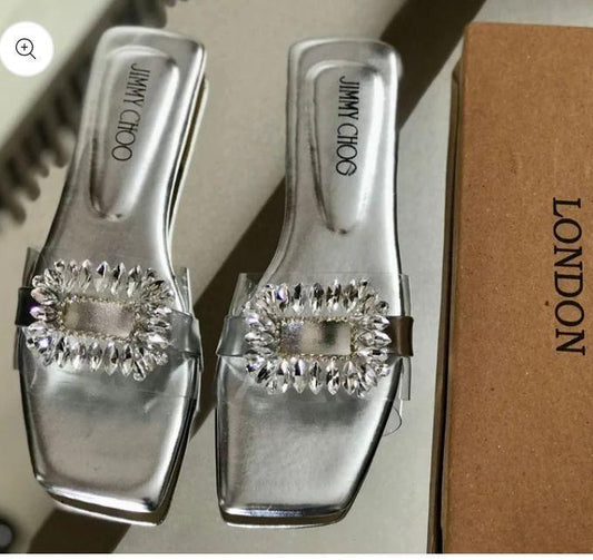 Luxury Silver Women’s Square Toe Sandals – Crystal Buckle Slip-On Flats | Elegant Designer Party & Evening Shoes